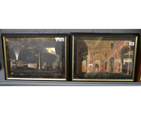 Two similar 19th Century 'Protean view' type pen, ink and wash studies of Italian architectural scenes; a square with firewor