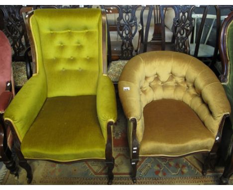 Edwardian upholstered button back upholstered fireside armchair, together with an Edwardian button back upholstered tub chair