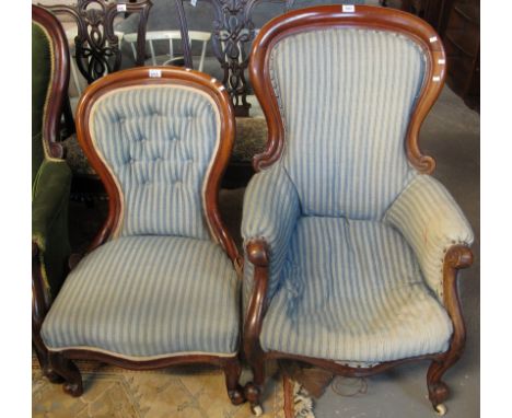 Victorian walnut show frame fireside chair, together with another Victorian button back nursing chair. (2) (B.P. 24% incl. VA