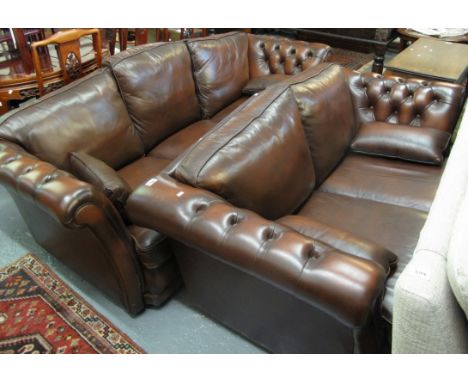 Good quality modern brown leather two piece suite with button back arms to include; large three seater sofa and a two seater 