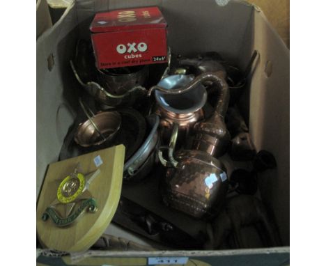 Box of assorted items, mainly metalware to include; beaten copper vessels, Oxo cubes tin, baskets, pedestal bowl, silver plat