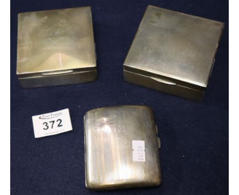 Silver cigarette case with Birmingham hallmarks, 2.5 troy ozs. Together with two silver cigarette boxes, one with engine turn