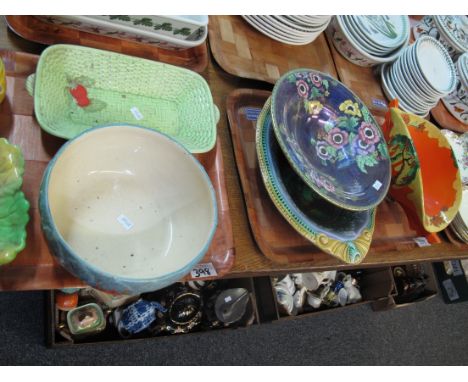 Two trays of china to include; a Maylin lustre floral pedestal bowl, 19th Century Majolica relief floral dish, Royal Stafford