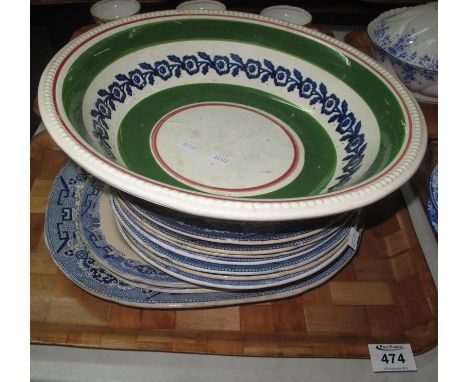 19th Century spongeware pottery basin, together with 19th Century blue and white transfer printed Dillwyn cabinet plates etc.