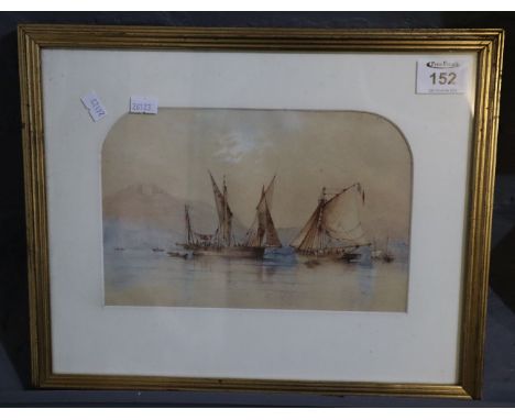Marine study with boats and distant mountains with fort, watercolour, framed and glazed, text to the back in pencil (indistin