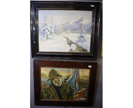 Klaas, continental snow scene with trees and mountains, oils on board. Together with coloured sampler of a fisherman with pip