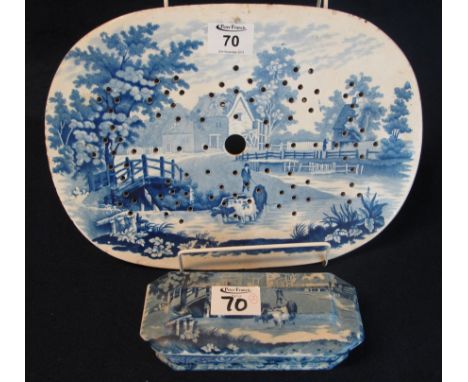 19th Century blue and white Staffordshire lidded tooth stick box of rectangular form, together with a 19th Century blue and w