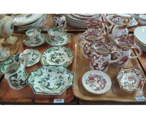Tray of Masons 'Chartreuse' ironstone items; cups and saucers, pouch shaped dresser jug, chamber stick etc. Together with a t