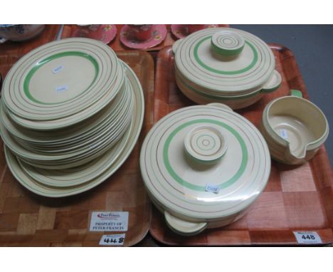 Two trays of Clarice Cliff Newport pottery 748856 Art Deco design lidded tureens, plates, oval meat dish and jug. (2)(B.P. 24