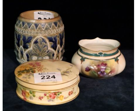 Small Doulton Lambeth stoneware shaped foliate barrel, together with a Royal Worcester floral dressing table jar and cover an