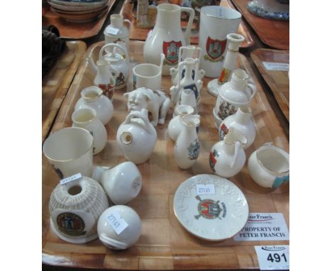 Tray of assorted crested ware including; a model of Bill Sikes dog from Oliver Twist by Arcadian china. Together with a tray 