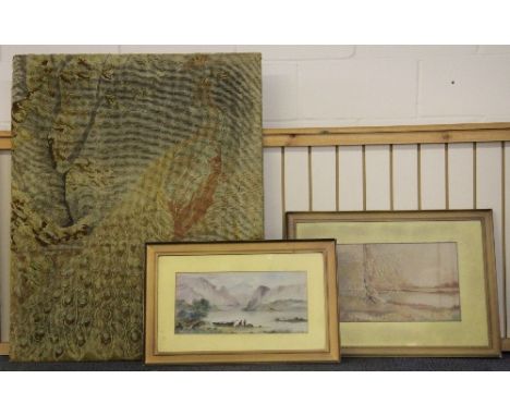 A large 19th century mounted wool tapestry of a peacock, 92cm x 111cm + 2 framed watercolours