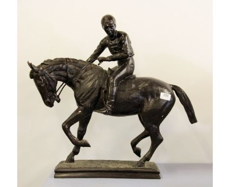 A large cast bronze figure of a Racehorse and Jockey (56cm)
