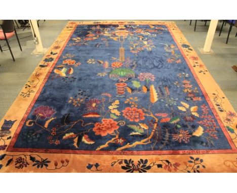 Superb large c.1930 lapis blue ground Chinese wool carpet 297cm x 465cm some wear