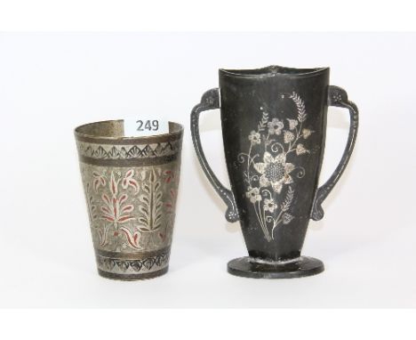 Islamic interest, silver inlaid bronze vase (15cm) + enamelled beaker