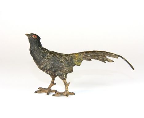 Early 20thC Austrian cold painted bronze model of a pheasant (H:7cm x L:13cm)