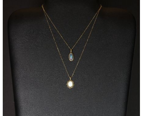 2 9ct gold and opal pendants and chains