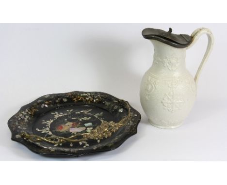 A 19thC mother of pearl and papier mache basket + relief decorated water jug