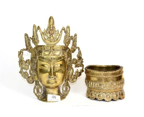 A Himalayan brass /bronze Tara head (H:24cm) + offering bowl