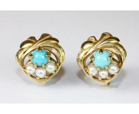 A pair of heavy quality 9ct gold turquoise and cultured pearl screw fit earrings