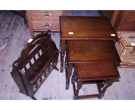 A nest of three mahogany tables and vintage magazine rack. Shipping unavailable. 