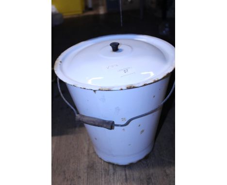 A vintage enamel bucket with lid. Shipping unavailable. 
