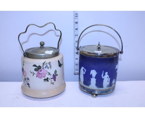 Two vintage biscuit barrels including Wedgewood Jasper ware (needs attention) 