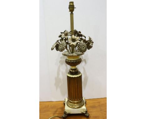 Large brass table lamp with floral decoration, H: 68 cm. All electrical items in this lot have been PAT tested for safety and