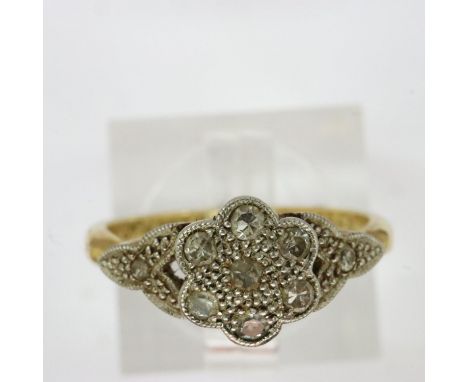 Platinum mounted 18ct gold diamond set cluster ring, size J, 2.2g. UK P&amp;P Group 1 (£16+VAT for the first lot and £2+VAT f