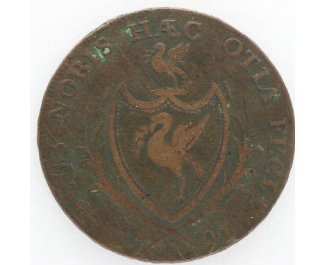 1791 copper halfpenny token: Liverpool. UK P&amp;P Group 1 (£16+VAT for the first lot and £2+VAT for subsequent lots 