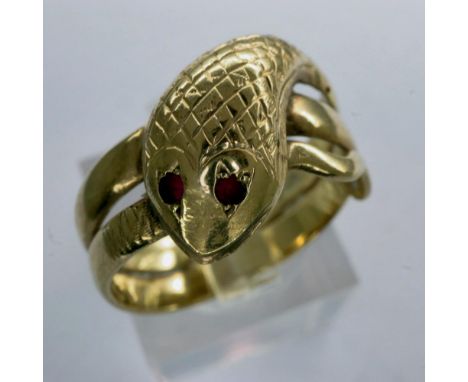 9ct gold snake ring, with ruby set eyes, size M/N, 4.1g. UK P&amp;P Group 1 (£16+VAT for the first lot and £2+VAT for subsequ