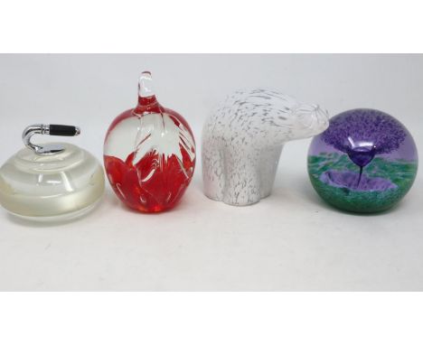 Four glass paperweights including Caithness, largest H: 10 cm. UK P&amp;P Group 2 (£20+VAT for the first lot and £4+VAT for s