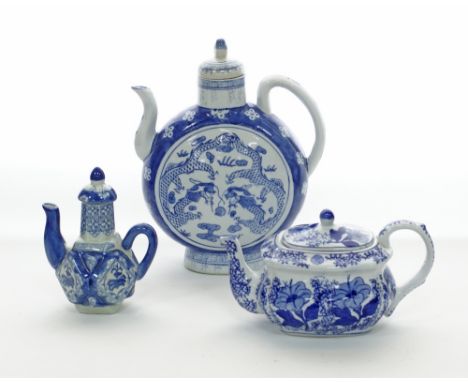 Three vintage Chinese blue and white porcelain tea pots, the tallest in a flask shape H30cm. (3)