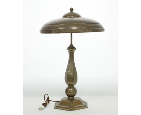 A lacquered metal table lamp with a mushroom shaped dome shade W46cm on an hexagonal baluster column and base with two bulbs,