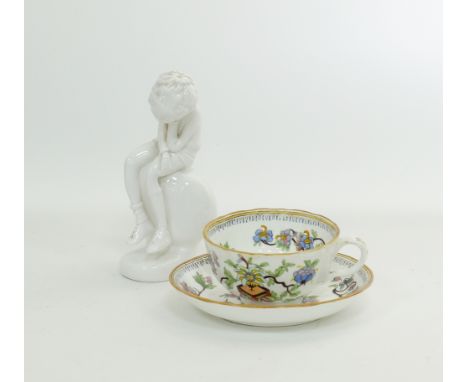 A Spode white porcelain figure H19cm mid 20th century, together with a hand decorated porcelain cup and saucer marked Salopia