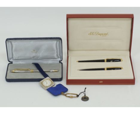 A boxed set of Dupont Fidelio black lacquer felt and ball pens L13.5cm and L13cm together with a Mikimoto ball pen with a pea