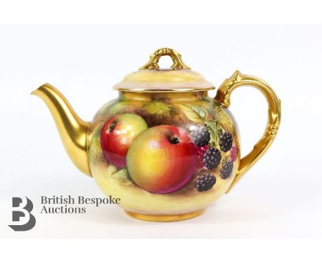 Royal Worcester Fallen Fruit tea pot and cover, finely painted with autumnal fruit painted by John Smith, gold marks W9535, b
