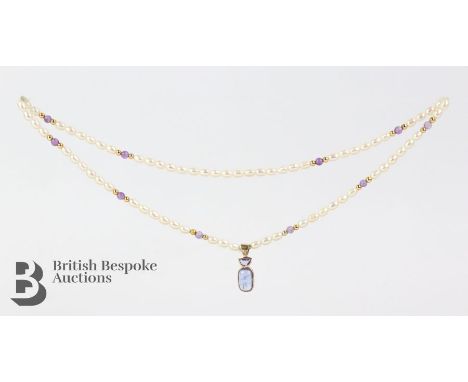 Yellow gold amethyst, diamond and pearl necklace, approx 48 cms, drop measures 25mm, 3.96 gms together with a 9ct graduated d