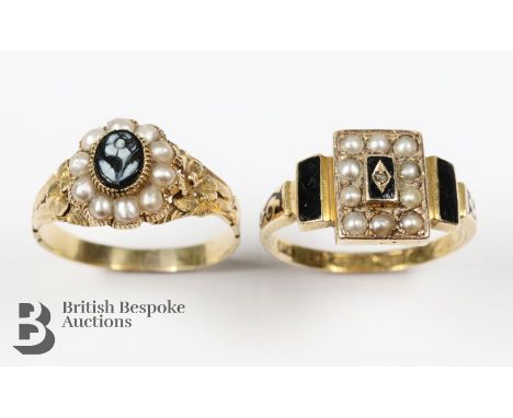 15ct yellow gold, enamel (scratched) seed pearl mourning ring, mm A.A, dated February 1886 and inscribed ' Wyncoll', size L, 