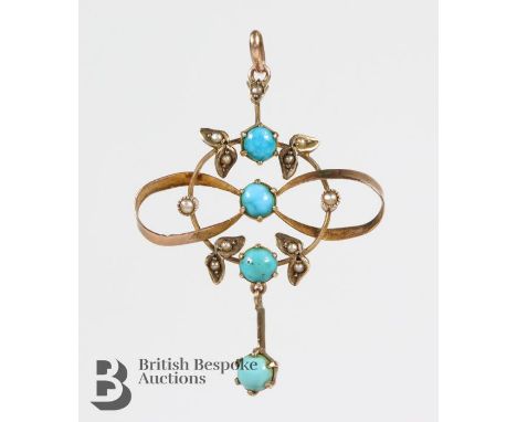 Art Nouveau 9ct yellow gold turquoise and seed pearl ribbon-form pendant, 30 x 45 mm, 2.45 gms. The ring set with 4 x 4mm tur