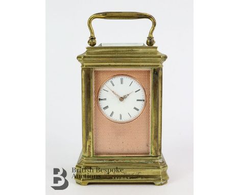 A 19th century English miniature carriage clock, Viner 158 New Bond St. London, with gold hands and copper face surround, num