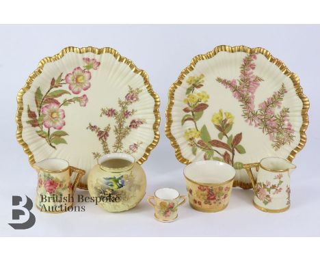 Collection of Royal Worcester porcelain, including two small jugs circa 1880's, miniature barrel puce factory mark, miniature