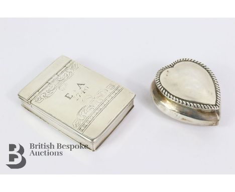 A silver heart shaped trinket box marked Chester 1899 mm JDWD (James Deakin &amp; Sons) with 3 June H B 1875-1900 engraved to