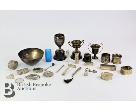 Miscellaneous silver, including seven napkin rings ( various hallmarks including Continental); white metal pill box; silver s