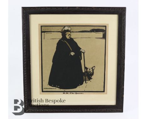 After William Nicholson H.M The Queen woodcut of Queen Victoria, full length with hair under a cap, full gown with walking st