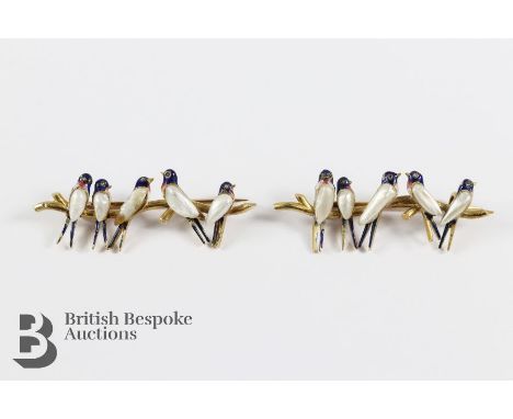 Charming pair of 14/15ct yellow gold, pearl and enamel brooches, four Swifts seated on a branch, the swifts all have rose-cut