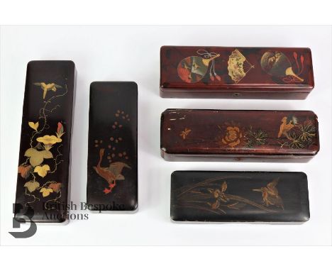 Five Japanese fan boxes, the first is black lacquer with iris design, the second is a morning glory design, the third example
