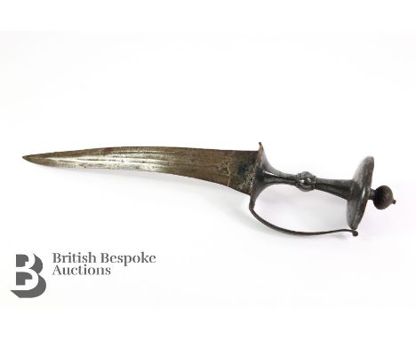 18th century Indian dagger (Chilanum) recurving, double-edged, multi-fullered blade, knuckle bow to disc-capped hilt, approx 