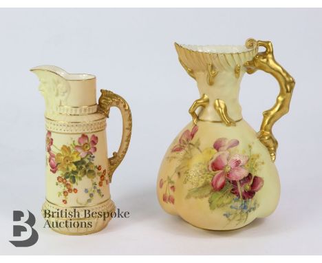 Royal Worcester blushware vase, painted with flowers with a gilded naturalistic handle, circa 1910, puce mark to base nr 1507