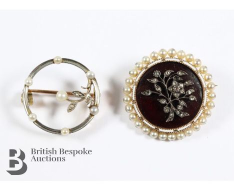 Victorian 14/15ct yellow gold, enamel, diamond and seed pearl brooch. The circular brooch set with 12 pts of rose-cut diamond